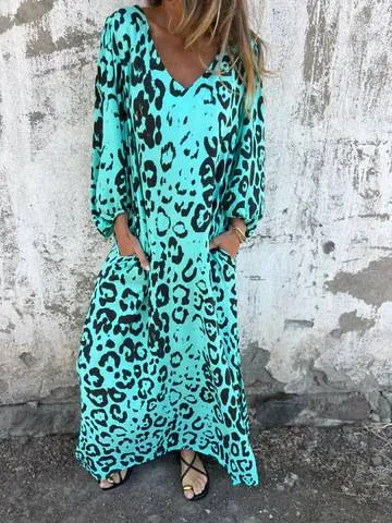 Leopard Print V-neck Pullover Long-sleeved Loose Dress