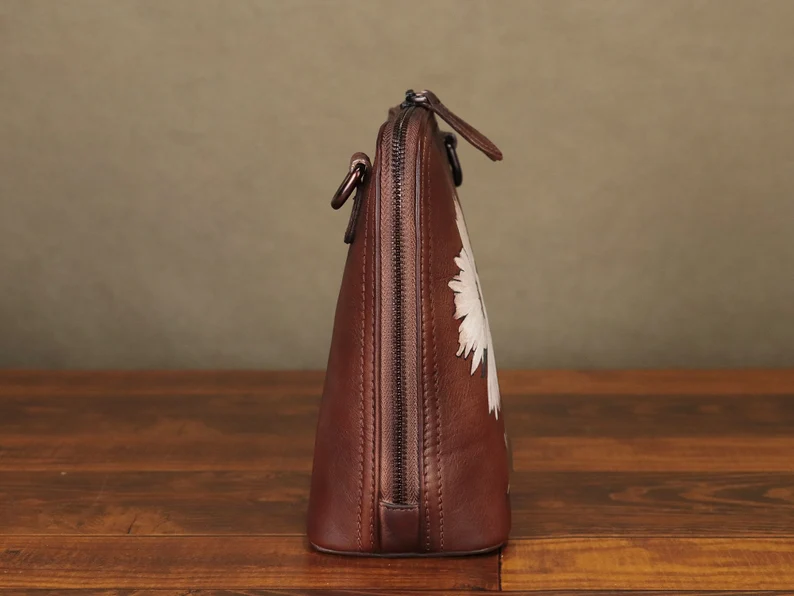 Genuine Leather Crossbody Bag for Women Vintage Hand Painted Style Handmade Satchels Small Purses Personalization Satchel Handbag