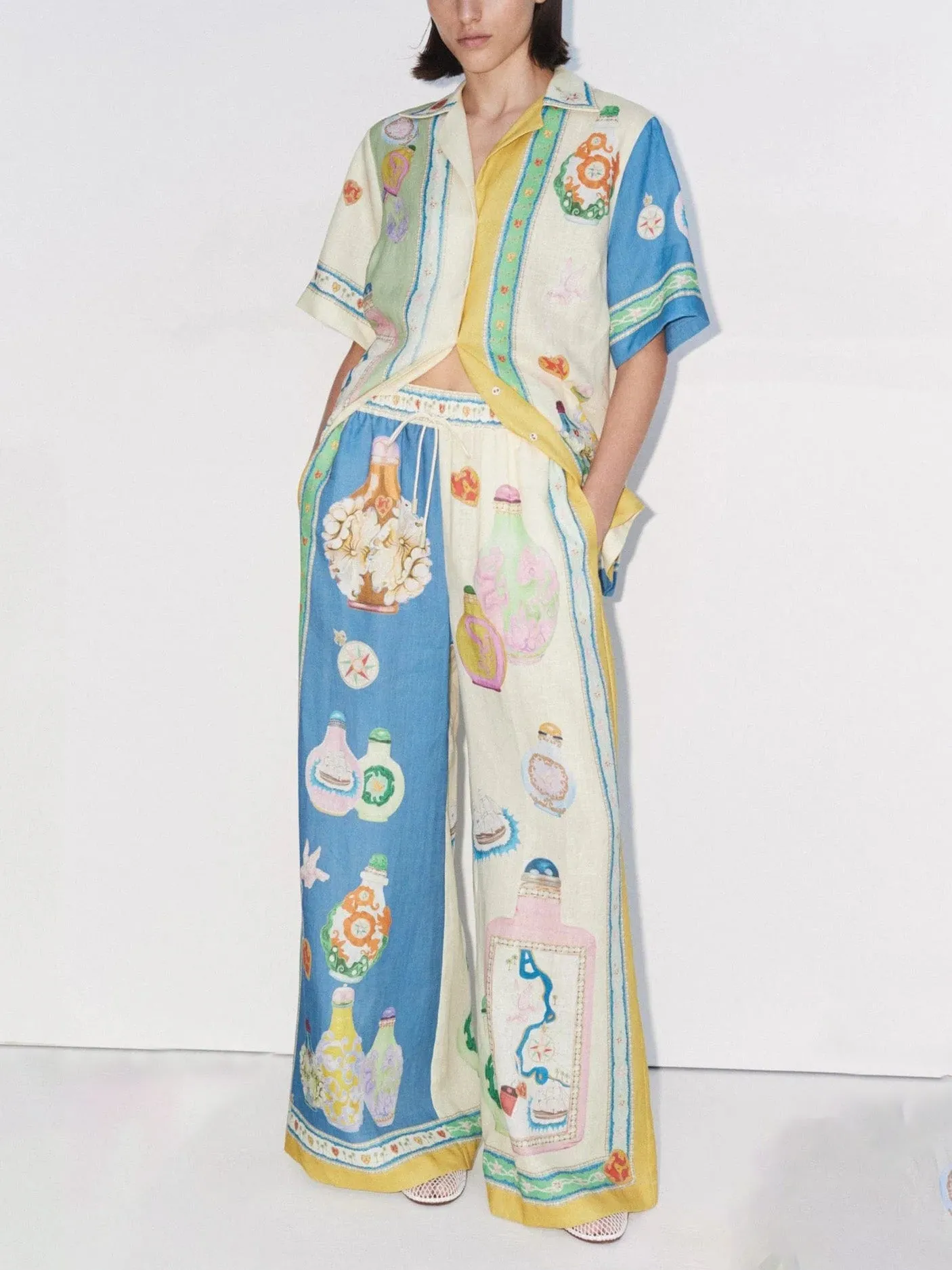 Exquisite Vintage Court Painted Print Wide Leg Pants