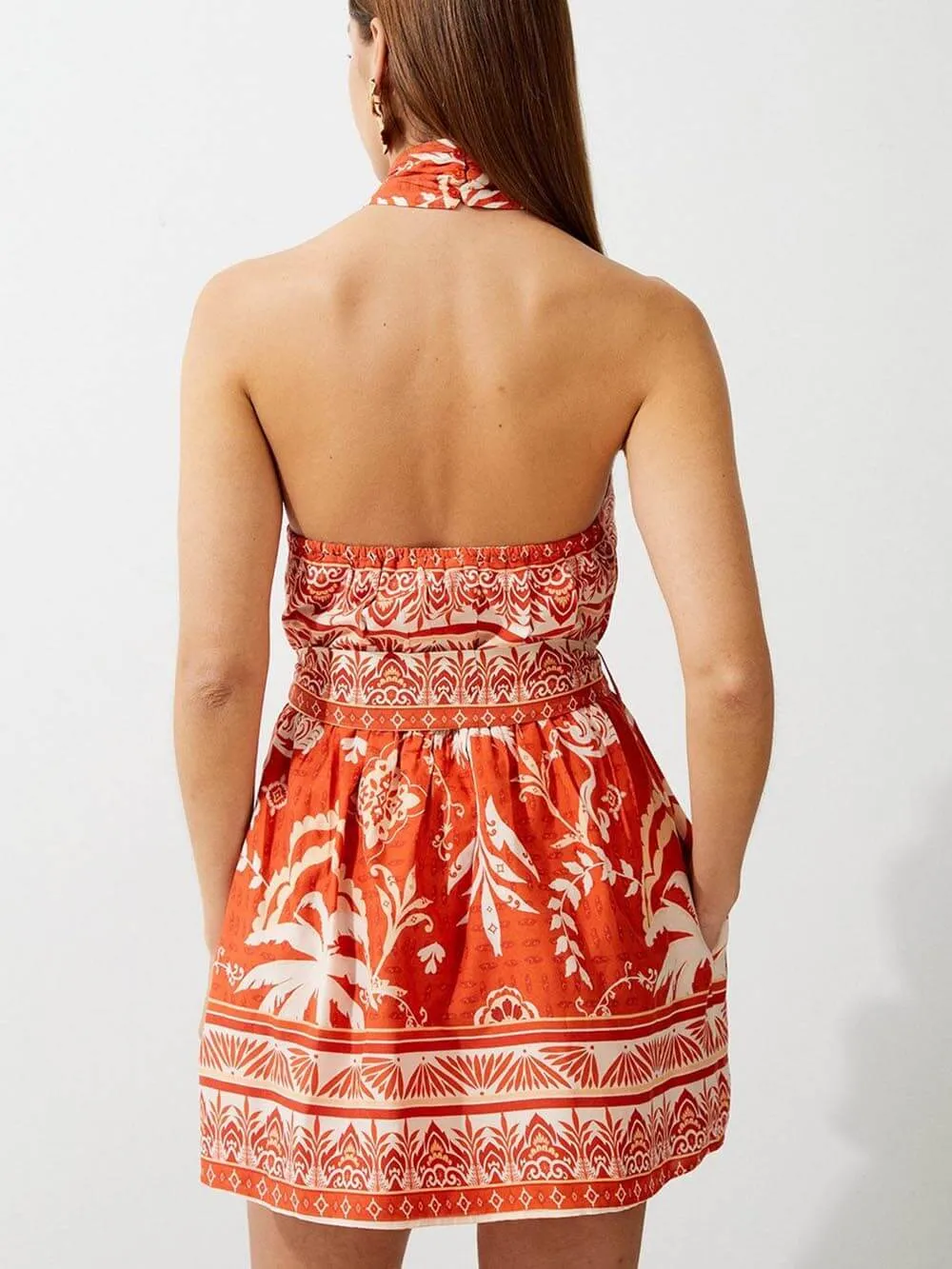 Exquisite High Waist Unique Floral Print Open Back Mini Dress