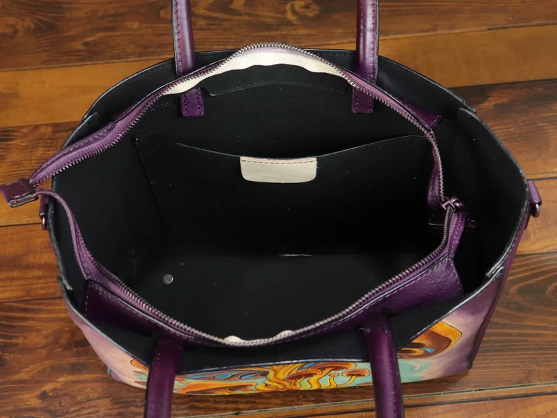 Genuine Leather Handbag for Women Vintage Handmade Hand Painted Mushroom Personalized Custom Pattern Crossbody Shoulder Bag Satchel Purse