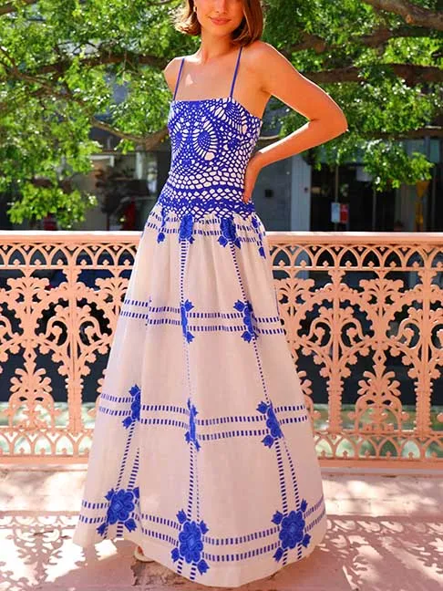 Unique Painted Crochet Floral Print Midi Dress