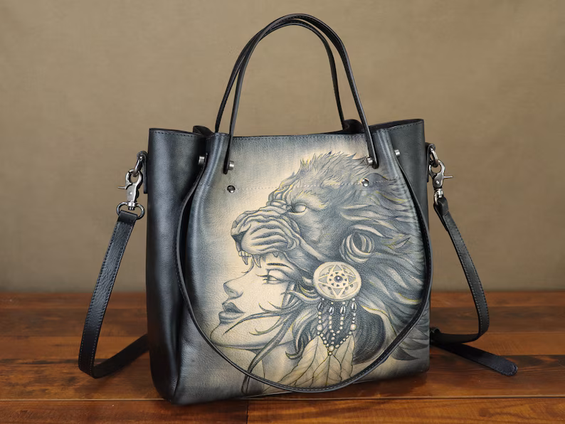 Genuine Leather Handbag Satchel for Women Hand Painted Shoulder Bag Handmade Work Tote Casual Crossbody Purse Personalization Purse