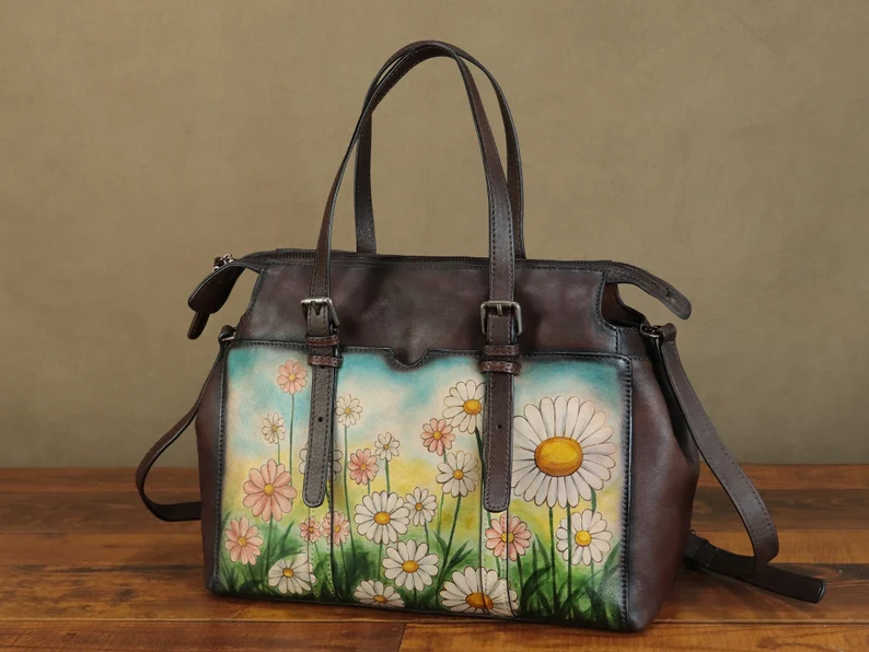 Genuine Leather Tote Bag Shoulder Bag for Women Hand Painted Flower Personalized Custom Pattern Crossbody Bag Handbag Satchel Purse Gifts