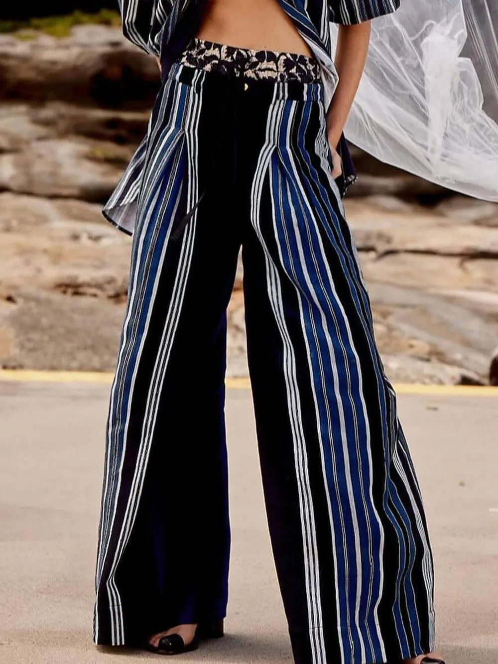 Retro Unique Striped Patchwork Print Elastic Pocket Loose Wide-Leg Pants