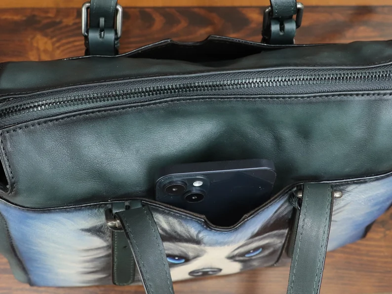 Genuine Leather Shoulder Bag Tote Bag for Women Hand Painted Dog Animal Personalized Custom Pattern Handmade Crossbody Handbag Satchel Purse