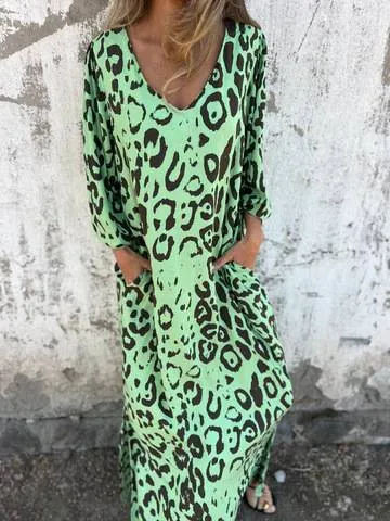 Leopard Print V-neck Pullover Long-sleeved Loose Dress