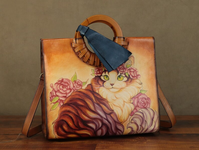 Genuine Leather Handbag for Women Hand Painted Cat Animal Personalized Custom Pattern Handmade Tote Bag Crossbody Shoulder Bag Satchel Purse