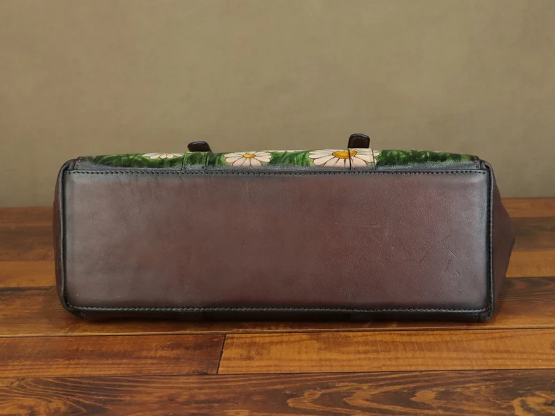 Genuine Leather Tote Bag Shoulder Bag for Women Hand Painted Flower Personalized Custom Pattern Crossbody Bag Handbag Satchel Purse Gifts