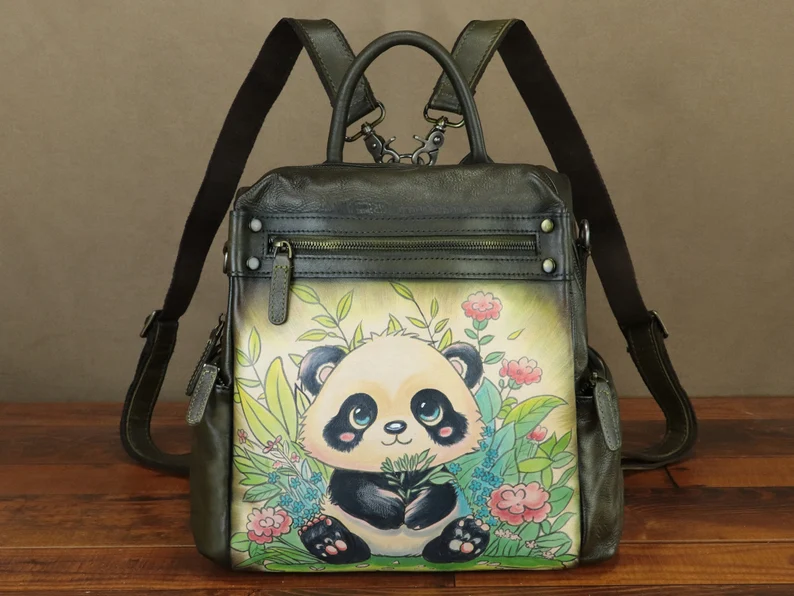 Genuine Leather Backpack Purse for Women Hand Painted Vintage Daypack Knapsack Handmade Rucksack Convertible Shoulder Bag Personalization