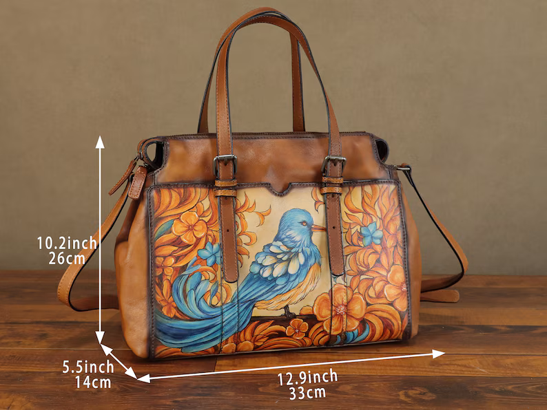 Genuine Leather Shoulder Bag Tote Bag for Women Hand Painted Bird Animal Personalized Custom Pattern Crossbody Handbag Satchel Purse