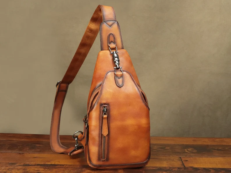 Genuine Leather Sling Bag for Men and Women Vintage Handmade Chest Bag Crossbody Bag Fashion  Shoulder Bag Sling Backpack Purses for Gifts