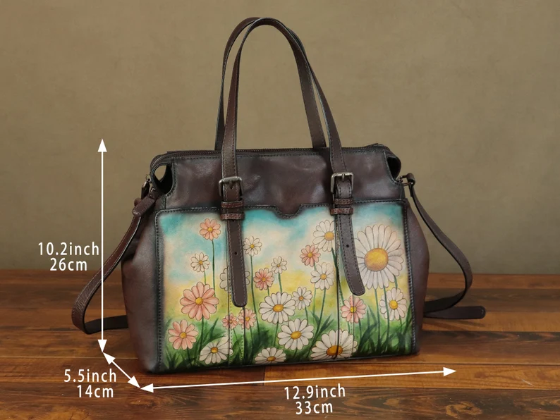 Genuine Leather Tote Bag Shoulder Bag for Women Hand Painted Flower Personalized Custom Pattern Crossbody Bag Handbag Satchel Purse Gifts