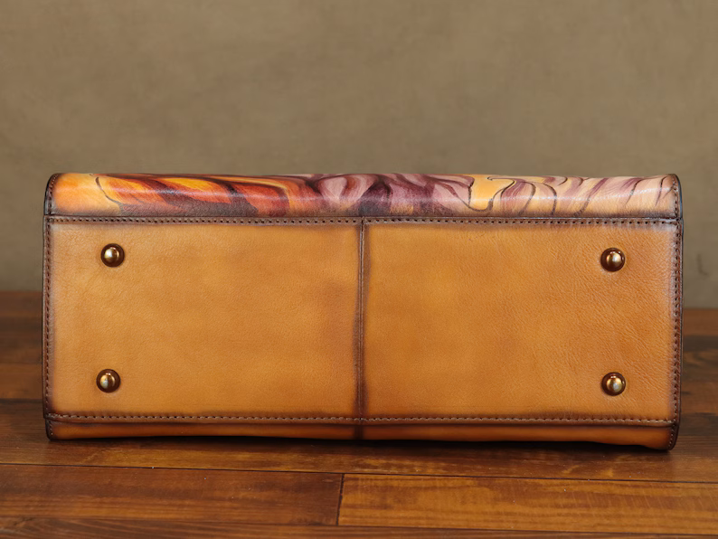 Genuine Leather Handbag for Women Hand Painted Cat Animal Personalized Custom Pattern Handmade Tote Bag Crossbody Shoulder Bag Satchel Purse