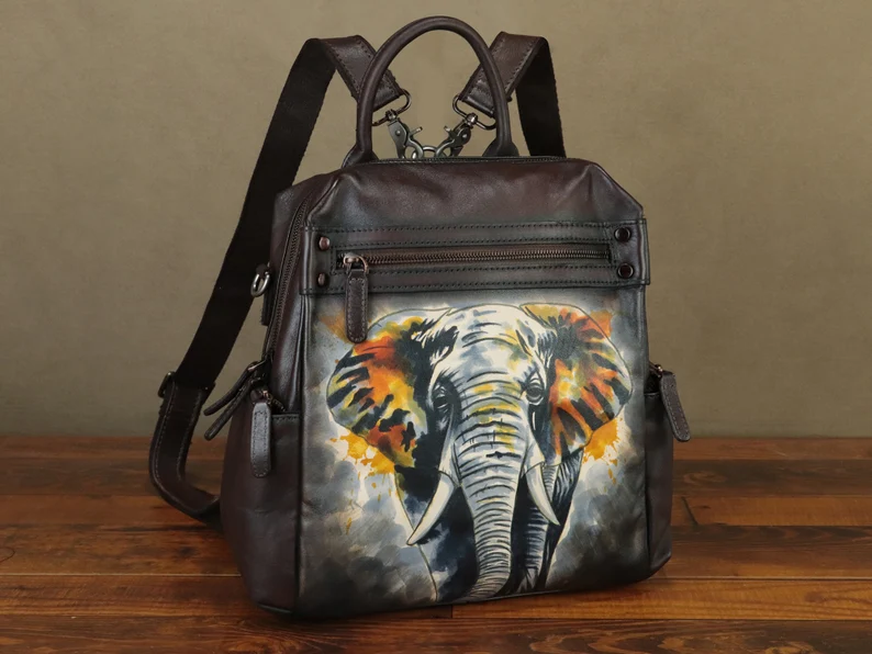 Genuine Leather Backpack Purse for Women Hand Painted Vintage Daypack Knapsack Handmade Rucksack Convertible Shoulder Bag Personalization