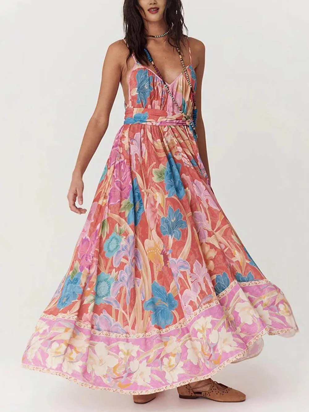 Casual Positioning Print Suspender Maxi Dress