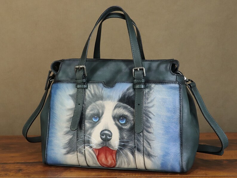 Genuine Leather Shoulder Bag Tote Bag for Women Hand Painted Dog Animal Personalized Custom Pattern Handmade Crossbody Handbag Satchel Purse