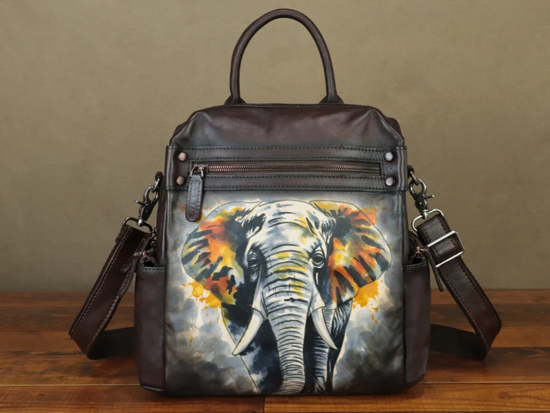 Genuine Leather Backpack Purse for Women Hand Painted Vintage Daypack Knapsack Handmade Rucksack Convertible Shoulder Bag Personalization