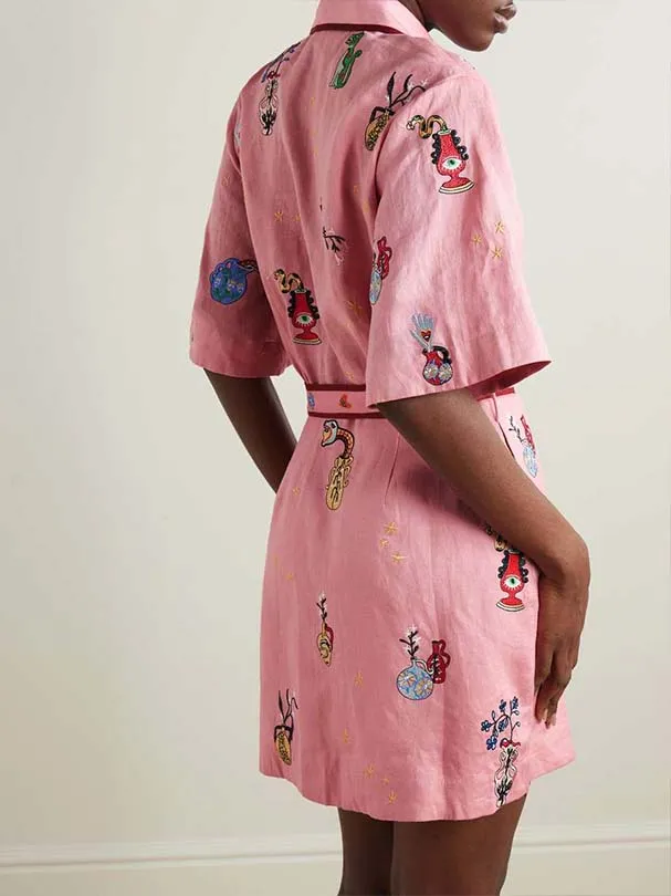 Casual Printed Shirt Collar Single-breasted Mini Dress