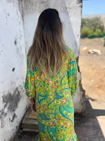 Printed V-neck Pullover Long-sleeved Loose Dress