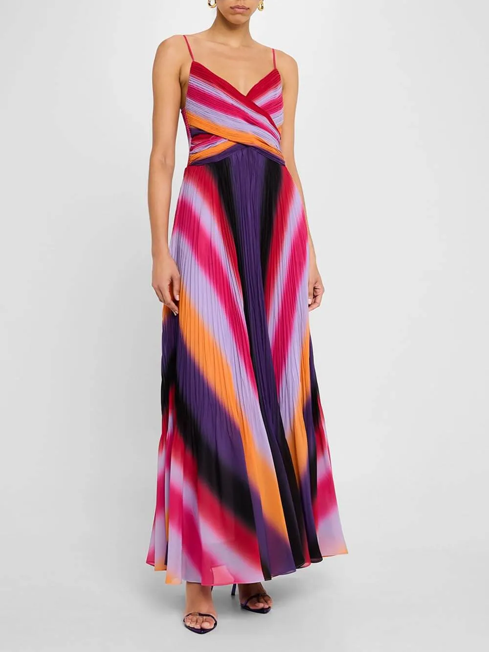 Elegant Pleated Ombre Striped Maxi Dress