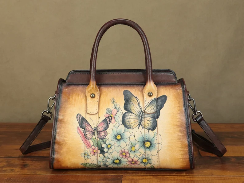 Genuine Leather Shoulder Bag Handbags for Women Hand Painted Butterfly Personalized Custom Pattern Fashion Crossbody Bag Art Satchel Purse