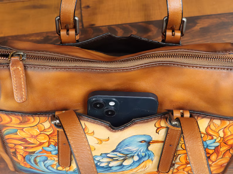 Genuine Leather Shoulder Bag Tote Bag for Women Hand Painted Bird Animal Personalized Custom Pattern Crossbody Handbag Satchel Purse