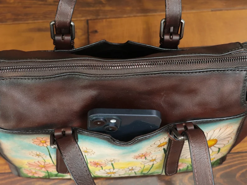 Genuine Leather Tote Bag Shoulder Bag for Women Hand Painted Flower Personalized Custom Pattern Crossbody Bag Handbag Satchel Purse Gifts