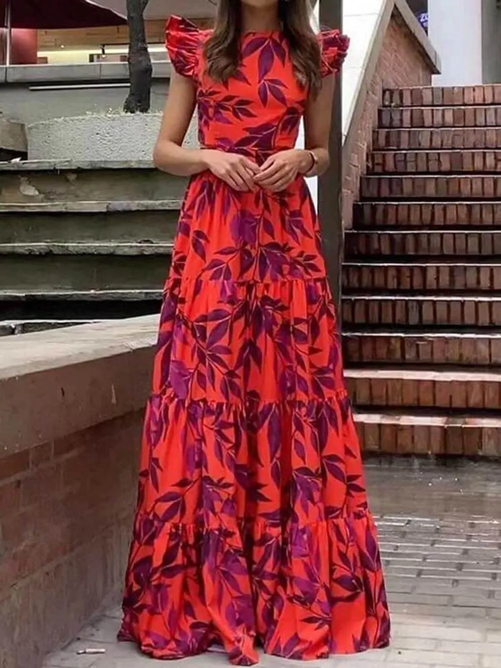 Fashion Printed Flying Sleeve High Waist Maxi Dress