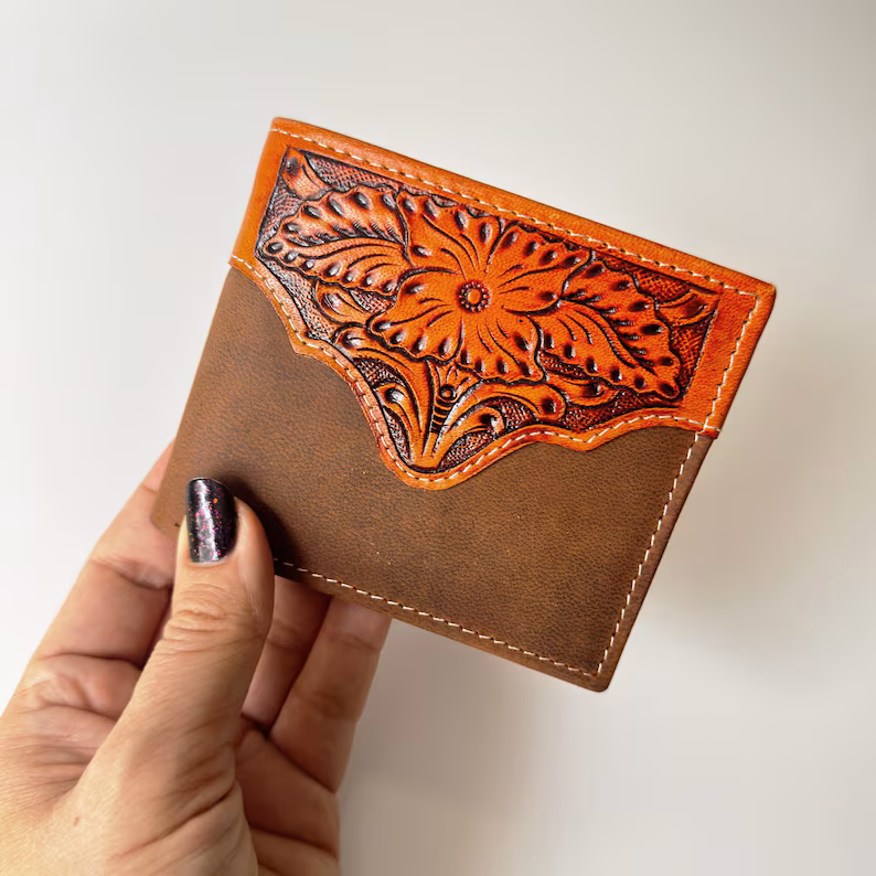 Handcrafted Leather Wallet with Elegant Floral Embossing | Perfect Gift for Him