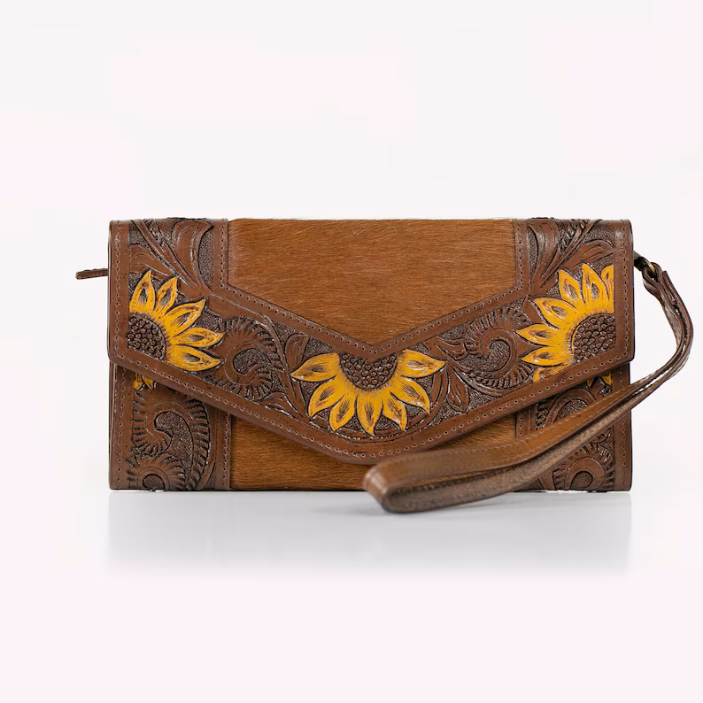 Sunflower Hand-Tooled Leather Clutch Wallet | Artisan Crafted Floral Elegance