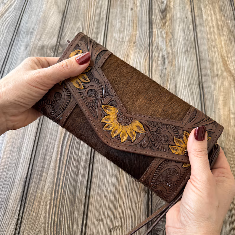 Sunflower Hand-Tooled Leather Clutch Wallet | Artisan Crafted Floral Elegance