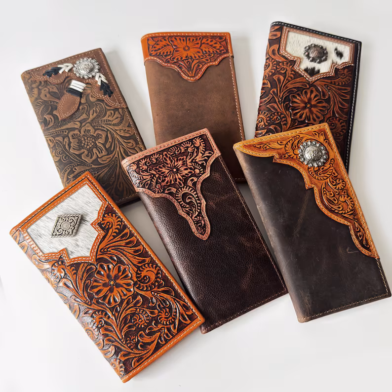 Artisan Tall Men's Genuine Leather Wallet with Traditional Hand-Carved Embossing