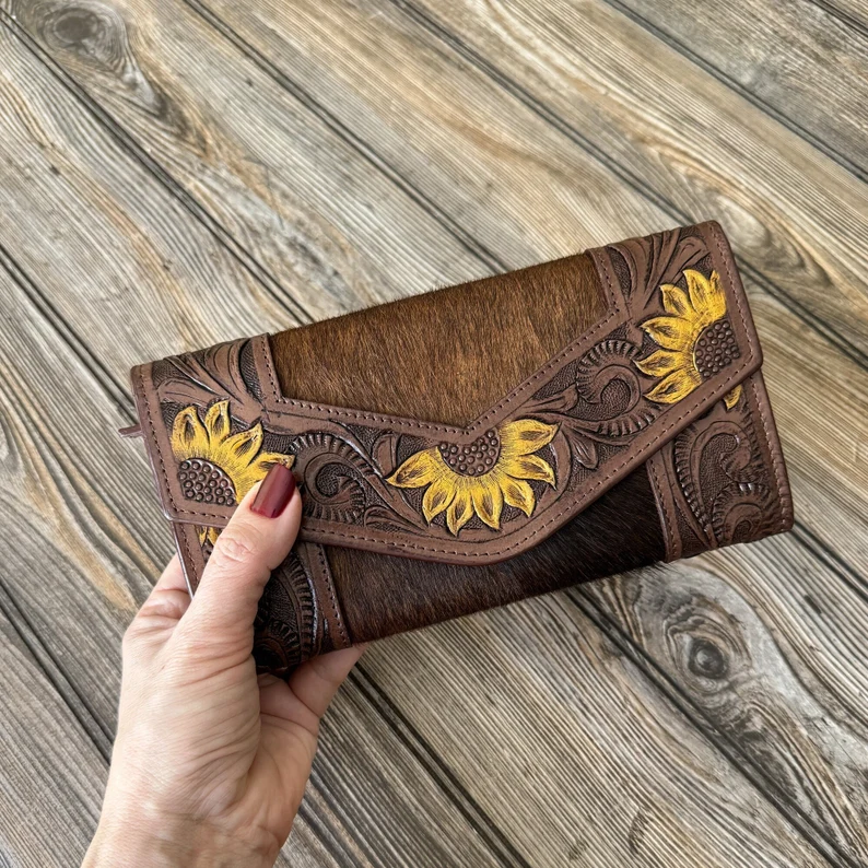 Sunflower Hand-Tooled Leather Clutch Wallet | Artisan Crafted Floral Elegance
