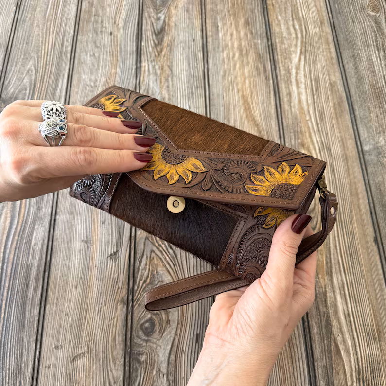 Sunflower Hand-Tooled Leather Clutch Wallet | Artisan Crafted Floral Elegance