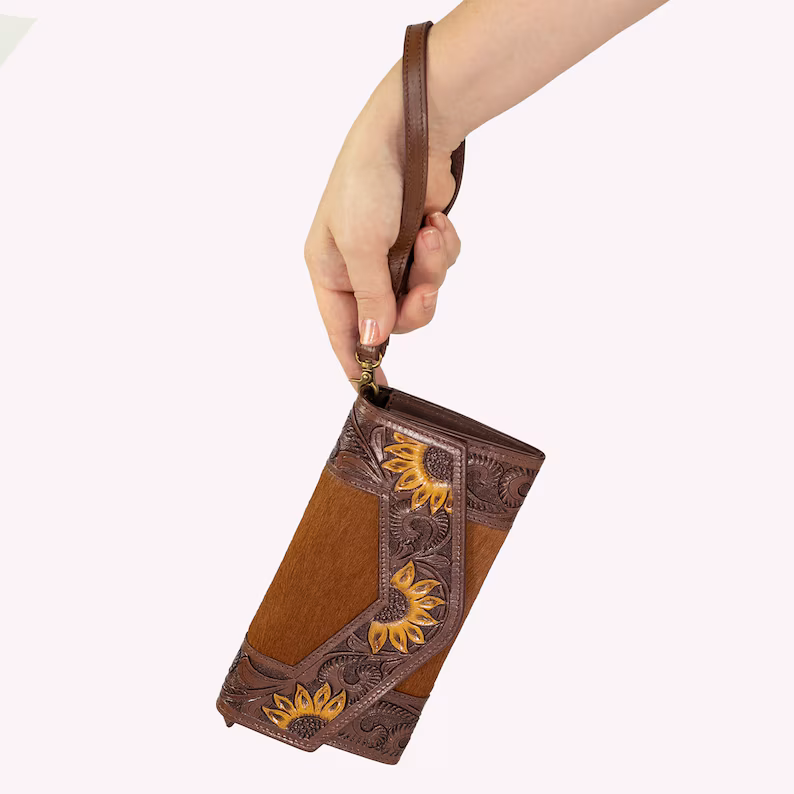 Sunflower Hand-Tooled Leather Clutch Wallet | Artisan Crafted Floral Elegance