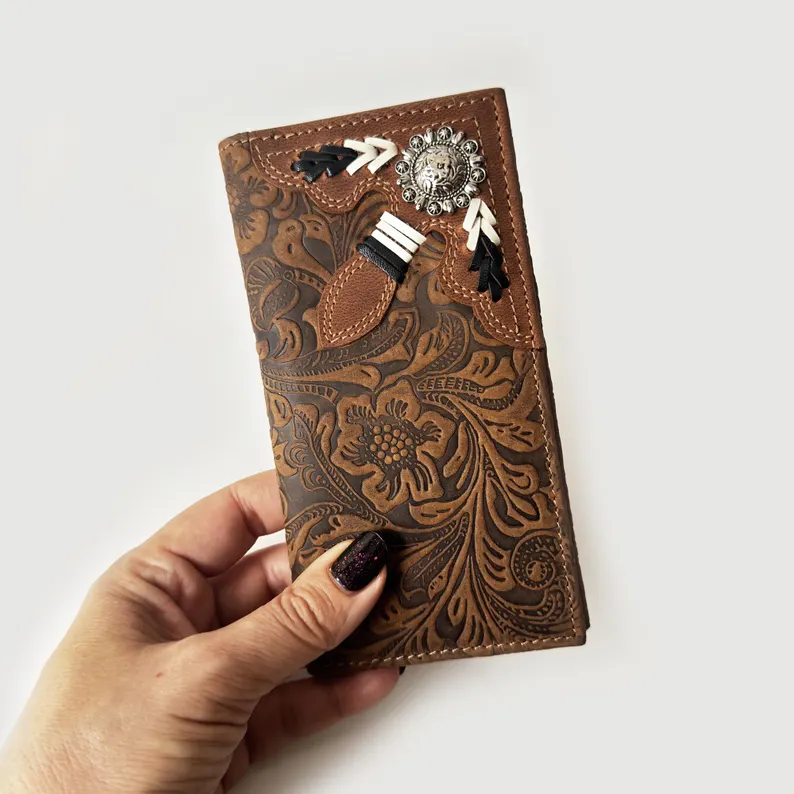 Artisan Tall Men's Genuine Leather Wallet with Traditional Hand-Carved Embossing