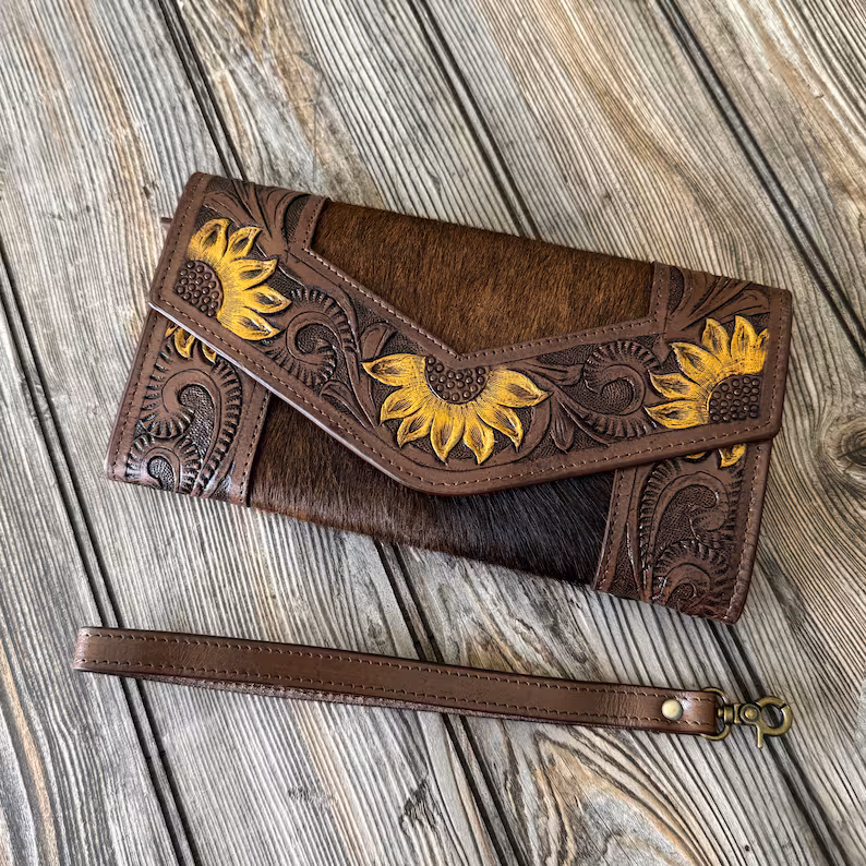 Sunflower Hand-Tooled Leather Clutch Wallet | Artisan Crafted Floral Elegance