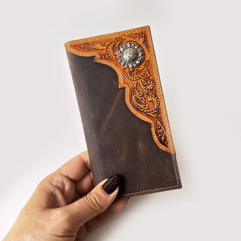Artisan Tall Men's Genuine Leather Wallet with Traditional Hand-Carved Embossing