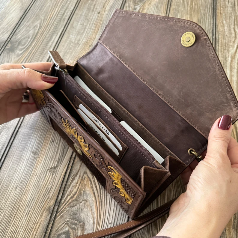 Sunflower Hand-Tooled Leather Clutch Wallet | Artisan Crafted Floral Elegance