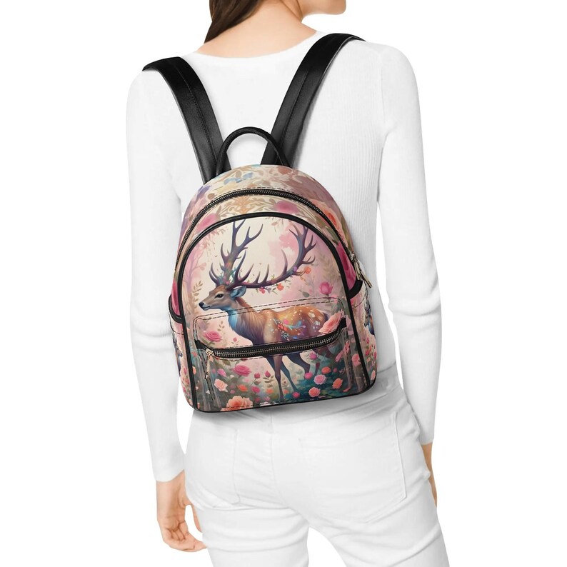 Pink Bag with Mystical Deer Vegan Leather Backpack PU Backpack Mini Backpack Cute Bags for Girls Women Gift Bags