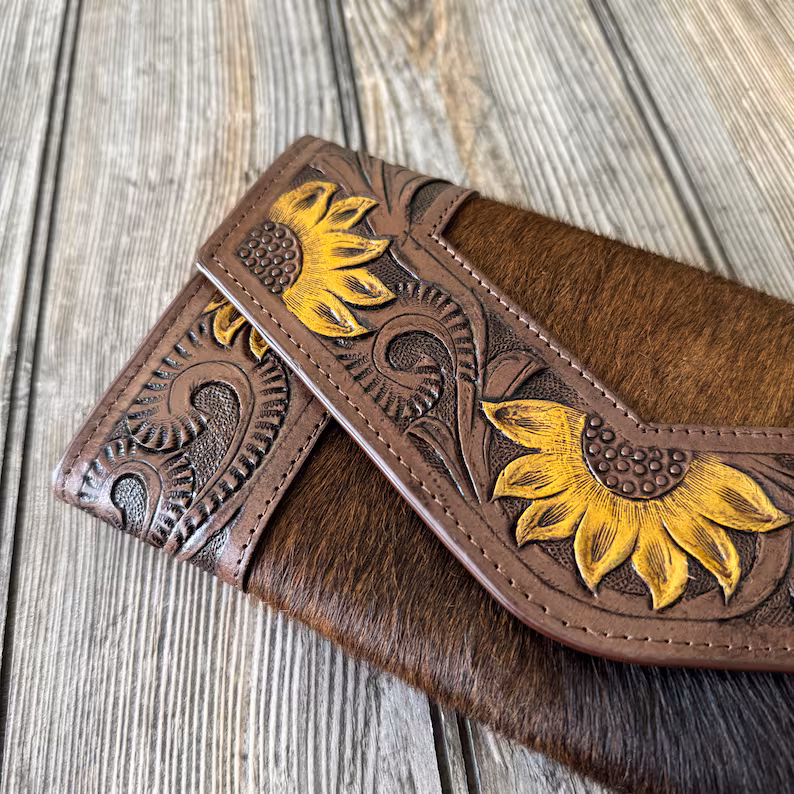 Sunflower Hand-Tooled Leather Clutch Wallet | Artisan Crafted Floral Elegance