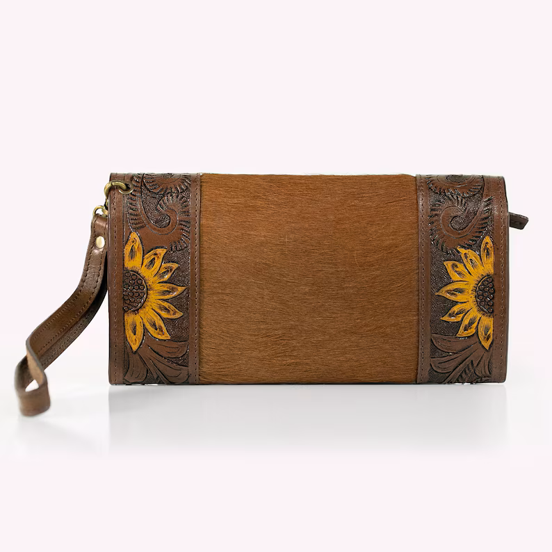 Sunflower Hand-Tooled Leather Clutch Wallet | Artisan Crafted Floral Elegance