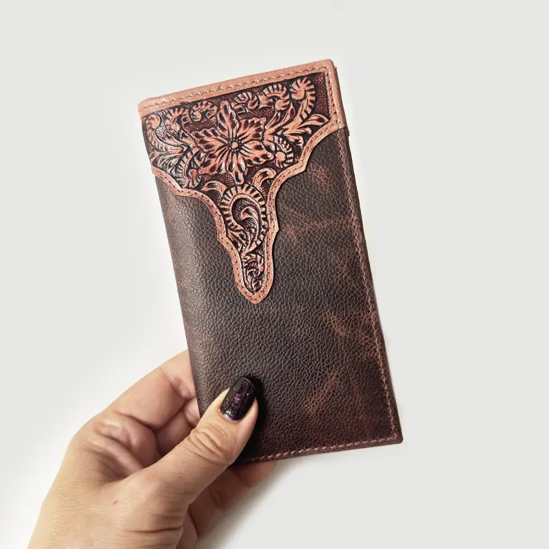 Artisan Tall Men's Genuine Leather Wallet with Traditional Hand-Carved Embossing