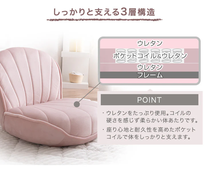 へたりにくいポケットコイル 座椅子 シェル型 リクライニング 14段階 コンパクト かわいい おしゃれ 椅子〔15210185〕