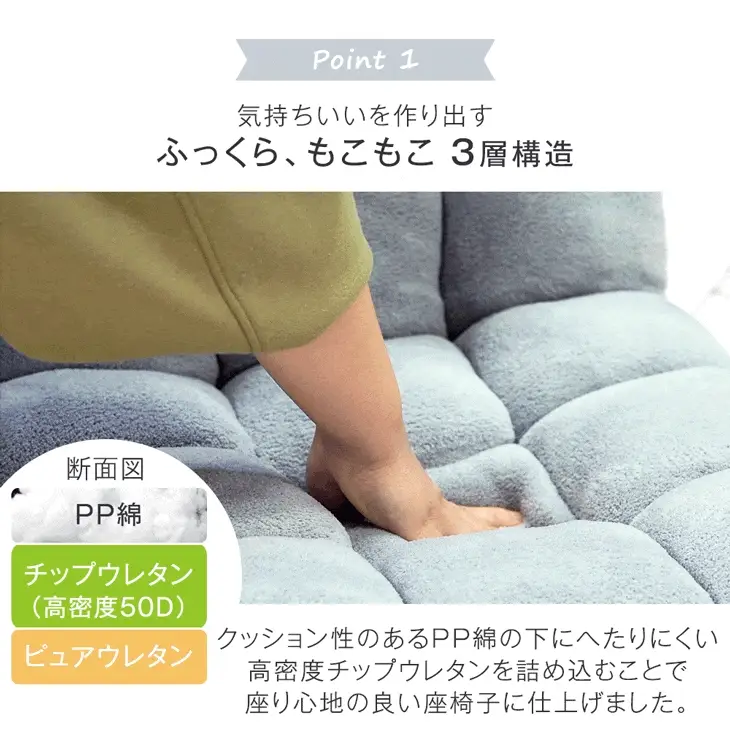 ふわもこ 座椅子 14段階ギア リクライニング 軽量 折りたたみ 持ち運び簡単 1人掛け チェア〔65170003〕