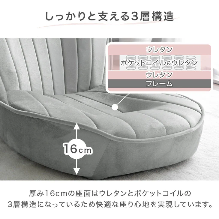 ハイバック シェル型 座椅子 14段階 リクライニング へたりにくい ポケットコイル コンパクト 持ち運び 極厚 耐久性 貝殻 背もたれ ベロア〔15210193〕