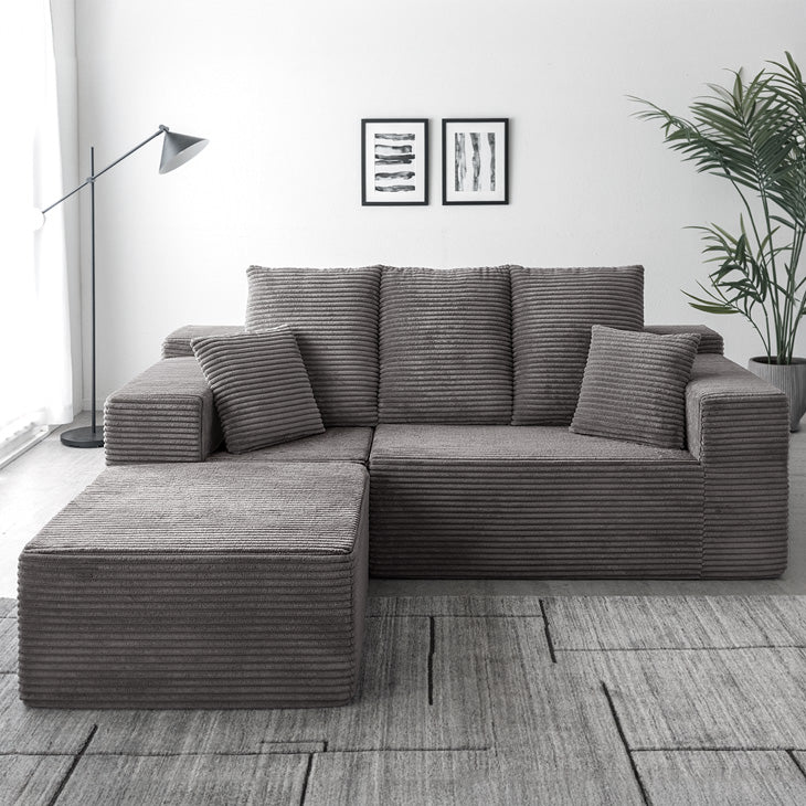 ［幅200］コーデュロイカウチソファ 3人掛け L字 圧縮 肘付き 滑り止め付 クッション 北欧 ソファ〔42500130〕