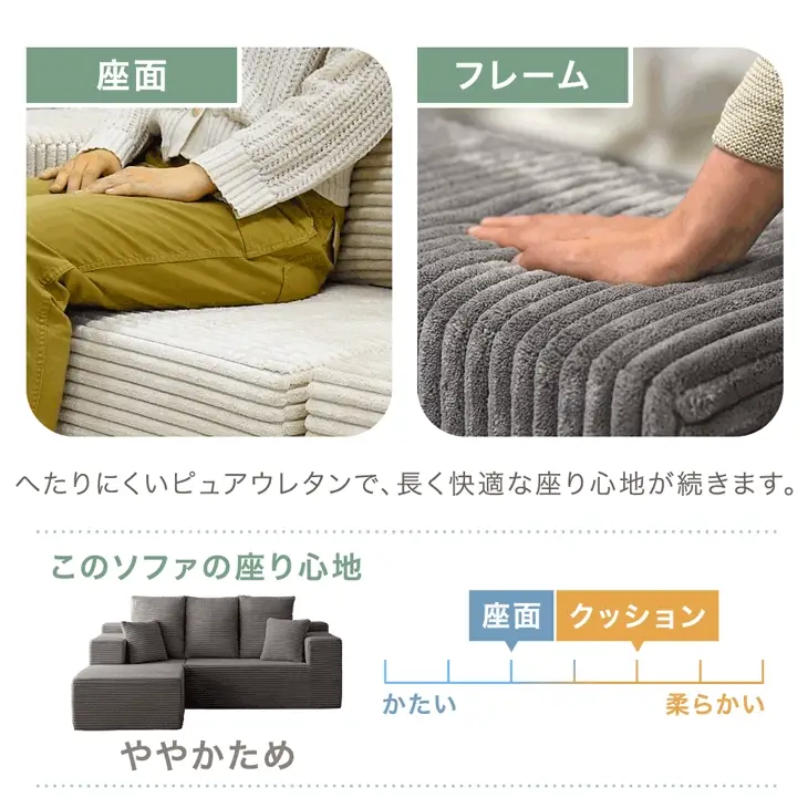 ［幅200］コーデュロイカウチソファ 3人掛け L字 圧縮 肘付き 滑り止め付 クッション 北欧 ソファ〔42500130〕
