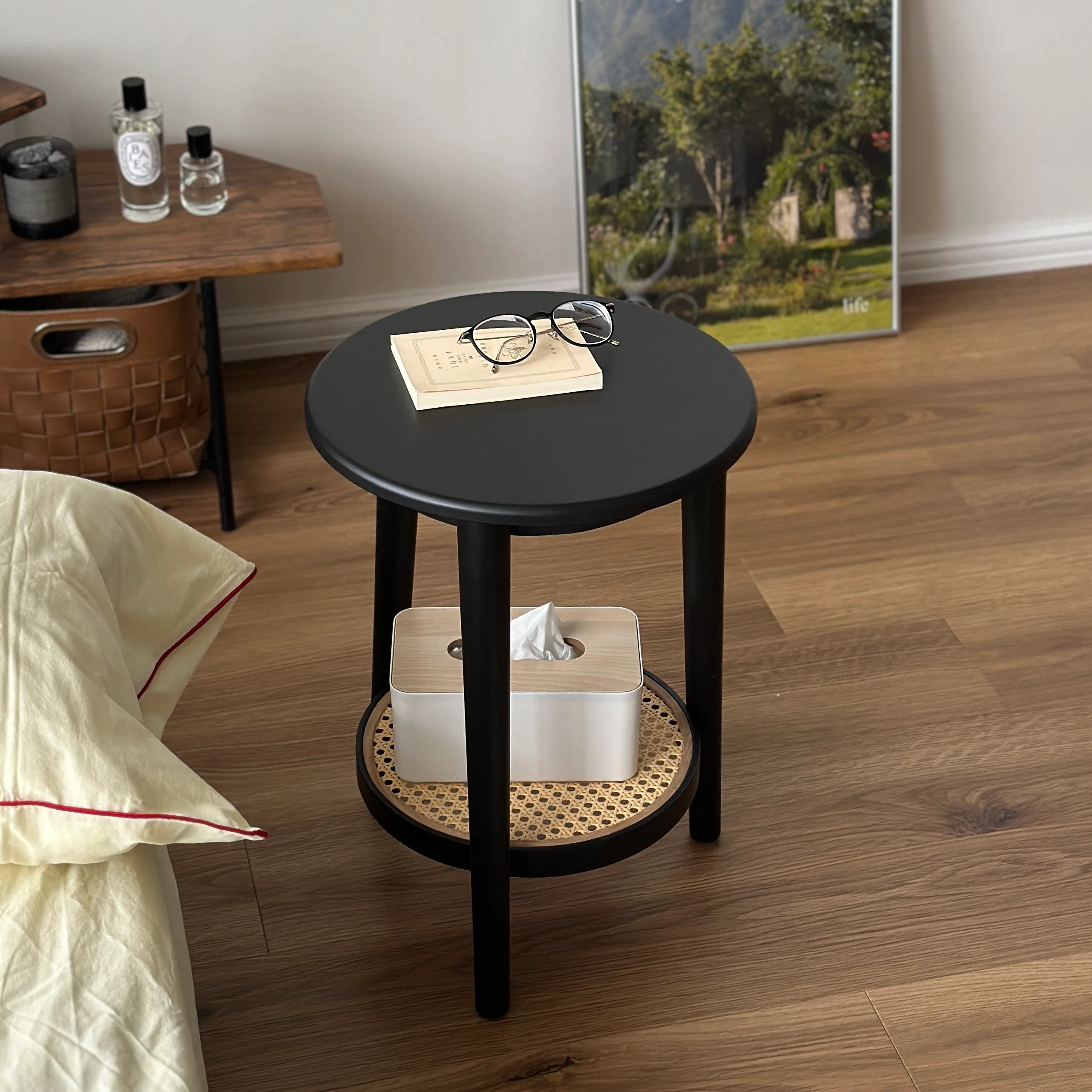 ラタン調ラウンドミニテーブル